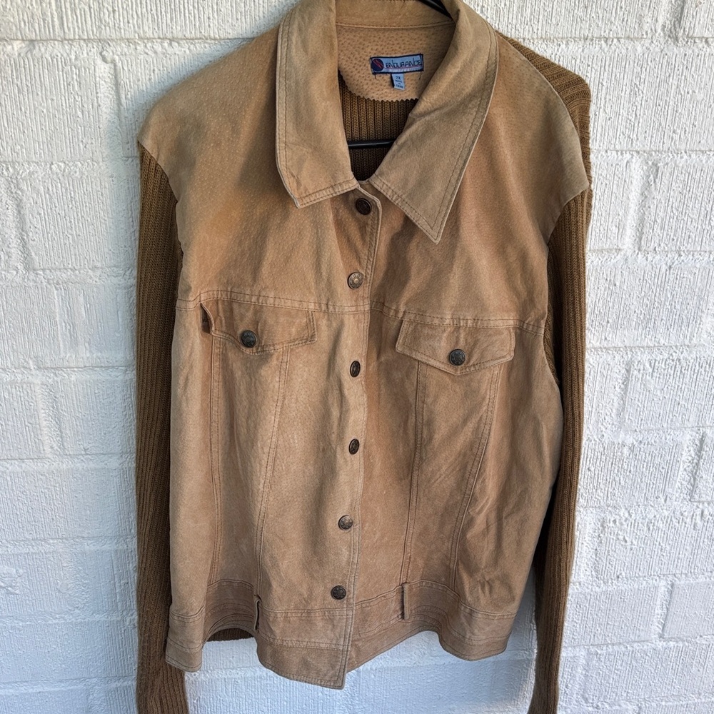 Vintage Endurance Leather Genuine Suede Knit Tan Jacket sz 2X
